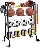 Ardier Ball Rack Organizer with Wheels, 4Tier-Rolling Basketball Racks Holder for Balls, Sports Equipment Storage Stand Organizer for Basketball, Football, Soccer and Volleyball, Black