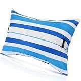 Menkxi 24"x15" Inflatable Beach Pillow with Removable Cover, Beach Chair Backpacking Pillow with Strap Stripe for Summer Sand Pools Travel Vacations(Blue White)