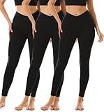 FULLSOFT 3 Pack Black Crossover Leggings for Women-Tummy Control No See Through Butt Lifting Workout Running Yoga Pants Tights No Cotton Cute Clothing(3 Pack Black Cross Waist, Small-Medium)
