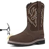 HISEA NINGO Steel Toe Work Boots for Men, Waterproof Slip on Square Toe Western Cowboy Boots, Comfortable Pull on Safety Work Shoes for Construction Industrial Working Welding Riding, Dark Brown