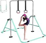 FBSPORT Gymnastics Bar for Kids with Rings，Adjustable Height Gymnastic Horizontal Bars,Junior Training Bar Children Folding Training Monkey Bars for Home Using (Green)