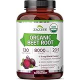 Zazzee USDA Organic Beet Root 20:1 Extract, 120 Vegan Quick Release Capsules, 4 Month Supply, Nitric Oxide Support, Black Pepper Extract for Enhanced Absorption, Certified Kosher, Non-GMO, Made in USA
