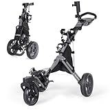 Tedycatt 360 Golf Pull Cart: Lightweight Folding Swivel 3 Wheels Golf Caddy with Foot Brake, Cooler Bag, Drink& Umbrella Holder, Gray