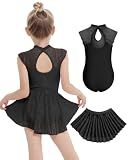 JiAmy Girls Ballet Leotards Cutout Back Dance Outfit Toddler Lace Dress Combo with Removable Skirt Black 9-10 Years