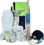 Reebok Cricket Kit – 8-Piece Complete Set with Bat, Pads, Gloves, Helmet & Bag | Sealed Sports Equipment Bundle | Size - Full Size