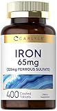 Carlyle Iron Supplement 65 mg | 400 Coated Tablets | 325mg Ferrous Sulfate | Vegetarian, Non-GMO, Gluten Free Formula