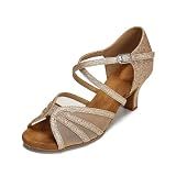 CLEECLI Women's Ballroom Dance Shoes Latin Salsa Dancing Shoes Cross Strap 2.5inch 3inch Heel ZB04(8,Glitter Gold-2.5 Inch Heel)