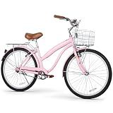 WEIZE Beach Cruiser Bike, 26 inch Commuter Bicycle for Adult Men and Women,High-Carbon Steel/Front & Rear Fenders, Comfortable City Bikes with Rear Rack&Basket, Ergonomic Upright Design,Pink
