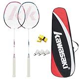 Kawasaki Badminton Rackets, Professional Graphite Shaft Badminton Set of 2 for Backyard, with 2 Lightweight Carbon Badminton Racquets/3 Badminton Shuttlecocks/2 Racquet Overgrips/1 Carry Bag