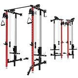 Folding Power Rack, Wall Mounted Squat Rack with Dual Independent Pulley System, Multi-Function Power Cage with 5 Adjustable Function Modes, Power Rack Trainer for Space Saving Home Gym