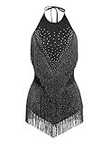 IDOPIP Women Halter Fringe Latin Dance Dress Sequin Rhinestone Bodysuit Sparkle Tassel Outfit Bodycon Dance Costume for Salsa Bachata Ballroom Performance Clubwear Night Party Stage Outfit Black L