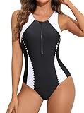 beautyin Women Zipper One Piece Bathing Suit Sport Water Aerobic Train Swimsuit White/Black