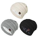 Zando 3 Pack Satin Lined Beanie for Women Men Teen - Slouchy Warm Winter Hats with Hair Protection Knitted Silkly Lined Beanies Chunky Sleep Cap Cancer Skull Hats Black & Light Grey & Beige One Size