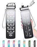 Enerbone 32 oz Water Bottle, Leakproof BPA & Toxic Free, Motivational Water Bottle with Times to Drink and Straw, Fitness Sports Water Bottle with Strap for Office, Gym, Outdoor Sports, Gray-Black