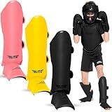 Elite Sports Muay Thai MMA Kickboxing Boys and Girls Shin Guards for Age 4 to 8 Years, Instep Guard Sparring Protective Leg Shin Kick Pads for Kids (Medium, Black)
