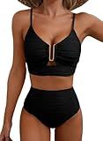 Herseas Women's Textured Bikini Set V Neck High Cut Bathing Suits Ribbed Sexy 2026 Beach Vacation Clothes Flattering Swim Suits Charming Cruise Essentials Black Medium