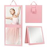 Fabuday Lighted Hanging Mirror for Dance Backstage - Rechargeable Folding LED Full Length Mirror with Lights for Dancers, Portable Foldable Travel Body Mirrors, Brightness Adjustable, Pink