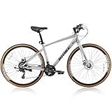 DEYGIA Hybrid Bike, 24-Speed 700C Wheel Hybrid Bicycle with Dual Disc Brakes, Trigger Shifting, Internal Wiring Frame, Lightweight City Commuter Bicycle for Men Women Adult, Size S-Light Silver