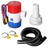 12v 1100GPH Boat Bilge Water Pump, 1-1/8 Inch Dia Bilge Pump Plumbing Kit, 6.5 FT Bilge Pump Hose, 2 Stainless Steel Clamps and Thru-Hull Fitting (Five-Piece)