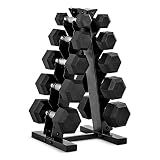 CAP 150lb Rubber Hex Dumbbell Set, Chrome Grip, Black A-Frame Storage Rack