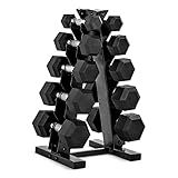 CAP Barbell 150 LB Rubber Coated Hex Dumbbell Hand Weight Set with Vertical Storage Rack - Chrome Handle | Black Rack