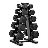 CAP 150 lb Rubber Coated Hex Dumbbell Set with Vertical Rack, Space-Saving A-Frame Storage for Home Gym Strength Training, Chrome Handle, Black Rack