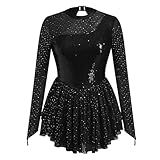 Figure Skating Dress for Women Sparkly Sequins Mesh Long Sleeve Teen Girl Ice Skater Outfits Mock Neck Adult Rhythmic Gymnastics Leotard Chiffon Mini Skirt Lyrical Dance Outfits Black L