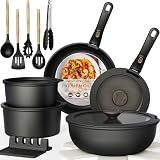 Astercook 21 Pcs Pots and Pans Set Non Stick, Ceramic Cookware Set Detachable Handle, RV Kitchen Cooking Set Removable Handles, Oven Safe, Induction Ready, Stackable, Black, Fathers Day Gift for Men