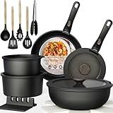 Astercook 21 Pcs Pots and Pans Set Non Stick, Ceramic Cookware Set Detachable Handle, RV Kitchen Cooking Set Removable Handles, Oven Safe, Induction Ready, Stackable, Black, Fathers Day Gift for Men
