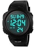 PASOY Unisex Simple Outdoor Sports Watch Big Dial Digital Light Swim Waterproof Rubber Band Alarm Black LED Watches for Mens and Women 50MM