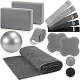 Simgoing 14 Pcs Yoga Kits for Home Workouts Pilates Equipment Set for Women Beginners, Hot Yoga Towel Blocks Strap, Knee Pad, Resistance Loop Exercise Band, Massage Lacrosse Ball, Pilates Ball(Gray)