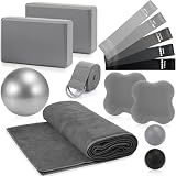 Simgoing 14 Pcs Yoga Kits for Home Workouts Pilates Equipment Set for Women Beginners, Hot Yoga Towel Blocks Strap, Knee Pad, Resistance Loop Exercise Band, Massage Lacrosse Ball, Pilates Ball(Gray)
