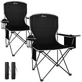Romswi Lightweight 2Pcs Camping Chairs for Adults, Folding Lawn Chair with 4-Can Cooler Bag, Cup Holder,Collapsible Portable Outdoor Chair for Tailgating, Beach, Fishing,Black