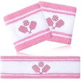 3 Pcs Dink Ball Sweatbands Set Headband Wristband Sports Gift Accessories for Woman Men(Pink and White Stripe)
