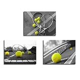 CIYU Tennis Wall Art Print Black and White Tennis Ball and Racket on Court Tennis Pictures Artwork Sports Painting Tennis Club GYM Wall Decor for Athletes Players (Tennis, 12x16inch x3)