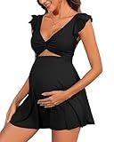 Charmo Ruffle Maternity Swimwear Twist Front Cutout Pregnancy Swimsuits for Women Padded V Neck Maternity Swim Dress Black L