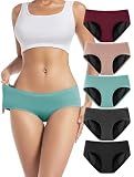 TIICHOO Period Underwear for Women Heavy Flow Soft Menstrual Panties Teens Ladies Leakproof Incontinence 5 Pack (1 Black/1 Light Grey/1 Burgundy/1 Rose Gold/1 Turquoise Green, Large)