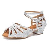 TTdancewear Rhinestone Dance Shoes for Women Low Heel Ballroom Dance Shoes Salsa Latin Practice Dancing Shoes Cuban Heels 1.5"(7,Silver)