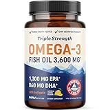 Triple Strength Omega 3 Fish Oil 3600 mg | EPA & DHA | Over 2100mg Omega-3 Fatty Acids | 1300mg EPA + 860mg DHA | Best Essential Fatty Acids | Premium Wild Caught & Burpless Fish Oil | 120 Ct