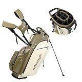Premium PU Golf Stand Bag, 14-Way/6-Way Top Dividers with Rain Hood, Waterproof Leather Golf Carry Bag with Automatic Balance Dual Shoulder Straps, Multi-Functional Storage Pockets for Men Women