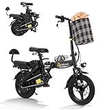 Folding Electric Bike,14" Ebike for Adults Peak 500W 18.6MPH E-Bike with Passenger Seat 374.4Wh Shock Absorber Electric Bicycle for Commute with LCD Display/USB Phone Holder/Front basket/Turn Signal