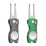 Mile High Life 2 Pieces Golf Divot Repair Tool w Magnetic Golf Ball Marker | All Metal Foldable Divot Tool w Pop-up Button | Golf Club Holder | Golf Accessories for Men (Green,Grey)