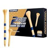 CHAMPKEY Premium Bamboo Golf Tees 170 Pack - 120 Pcs Long Tees with 50 Pcs Short Tees Assorted Pack - Friendly Biodegradable Material Golf Tee（3-1/4"）