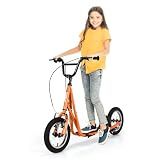 GYMAX Scooter, Kids & Adults Off-Road Scooter with 12" Inflatable Wheels, Adjustable Height Handlebar, V-Type Handbrakes & Axle Pegs for All Terrain, 8+ (Orange)