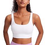 CRZ YOGA Butterluxe U Back Longline Sports Bras for Women - Scoop Neck Padded Yoga Workout Crop Top with Built in Pads White Small