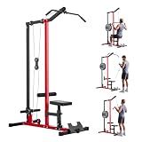 VEVOR LAT Pull Down Machine, 2-in-1 Row Cable Machine, Cable Machines Home Gym with 3-Level Adjustable Seat, 4-Level Adjustable Foam Roller, Load 500 lbs LAT Tower for Back, Chest, Tricep, Black Red