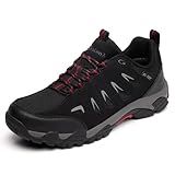 SHULOOK Men's Waterproof Hiking Shoes Lightweight Anti Slip Outdoor Ankle Boots Breathable Hike Trekking Trails Shoe Black/Red 11
