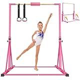 RINREA Foldable Gymnastics Bar, Gymnastics Training Equipment for Kids Ages 3-15 with Adjustable Height, Kip Bar with 320 lbs Weight Capacity (Pink)