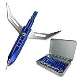 e5e10 12pcs Hunting Broadheads 100 Grain Archery Broadheads New Stell Broadheads + 1 pcs Black Broadhead Case for Arrowheads (Blue)