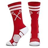 ChalkTalkSPORTS Lacrosse Performance Crew Socks - Retro Crossed Sticks - Red & White - Lacrosse Mid-Calf Socks - Adult